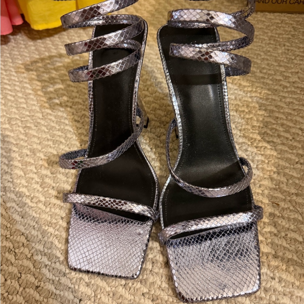 H&M Shiny Silver Snakeskin Heels with Ankle Wrap